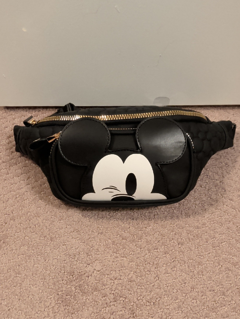 Primark Black Mickey Mouse Quilted Fanny Pack with Gold Zipper